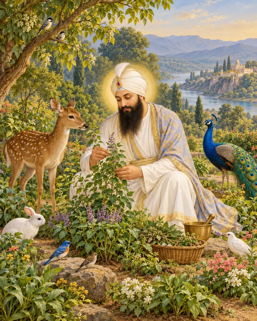 Guru Har Rai Sahib Ji in the Herbal Garden wall tapestry artwork