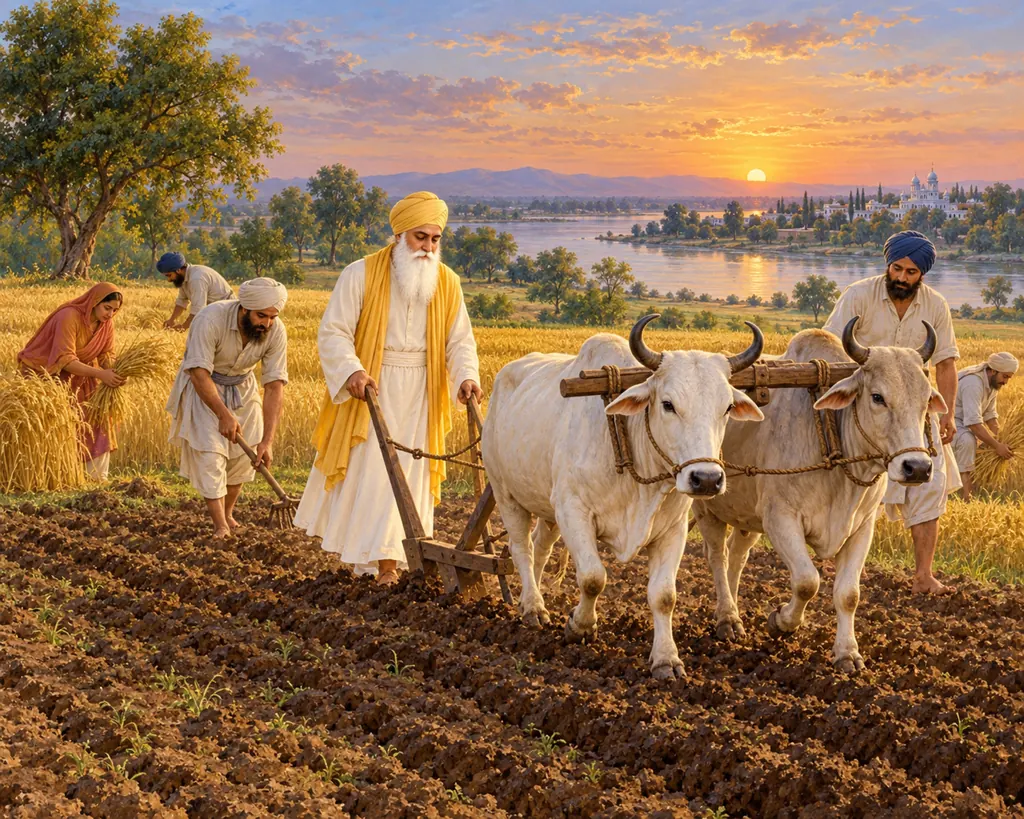 Guru Nanak Dev Ji Farming at Kartarpur wall tapestry artwork