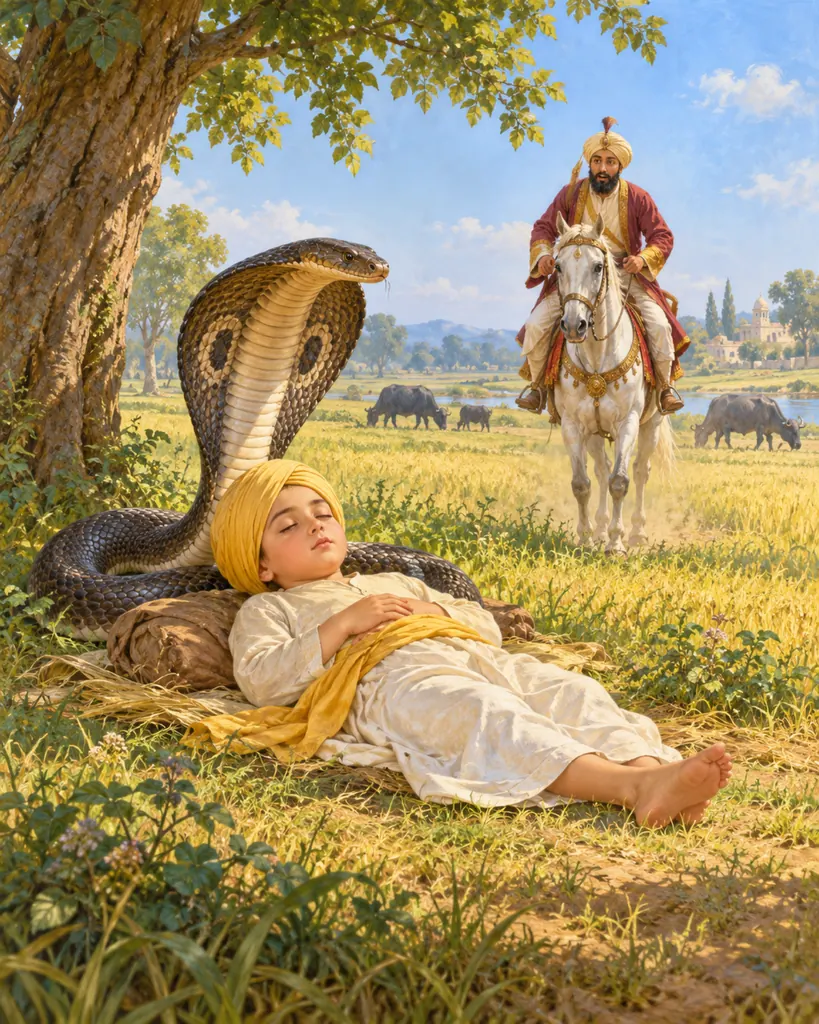 The Cobra's Shade over Young Nanak wall tapestry artwork