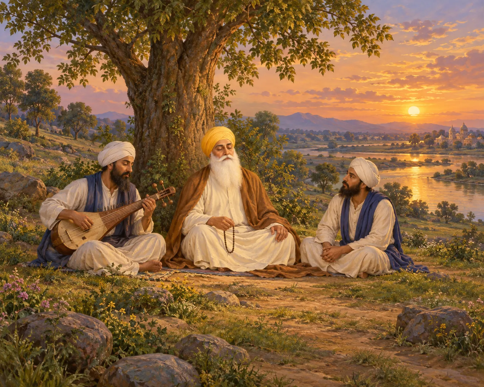Guru Nanak Dev Ji in Kirtan at Dusk wall tapestry artwork