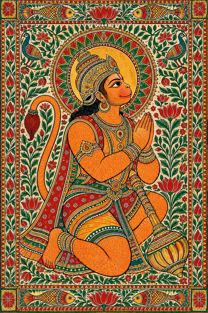 Devotional Hanuman Madhubani Tapestry wall tapestry artwork