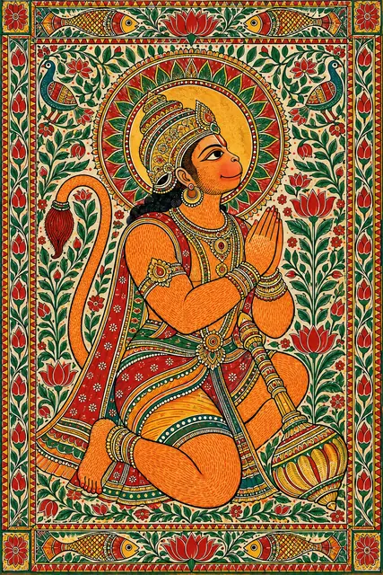 Devotional Hanuman Madhubani Tapestry