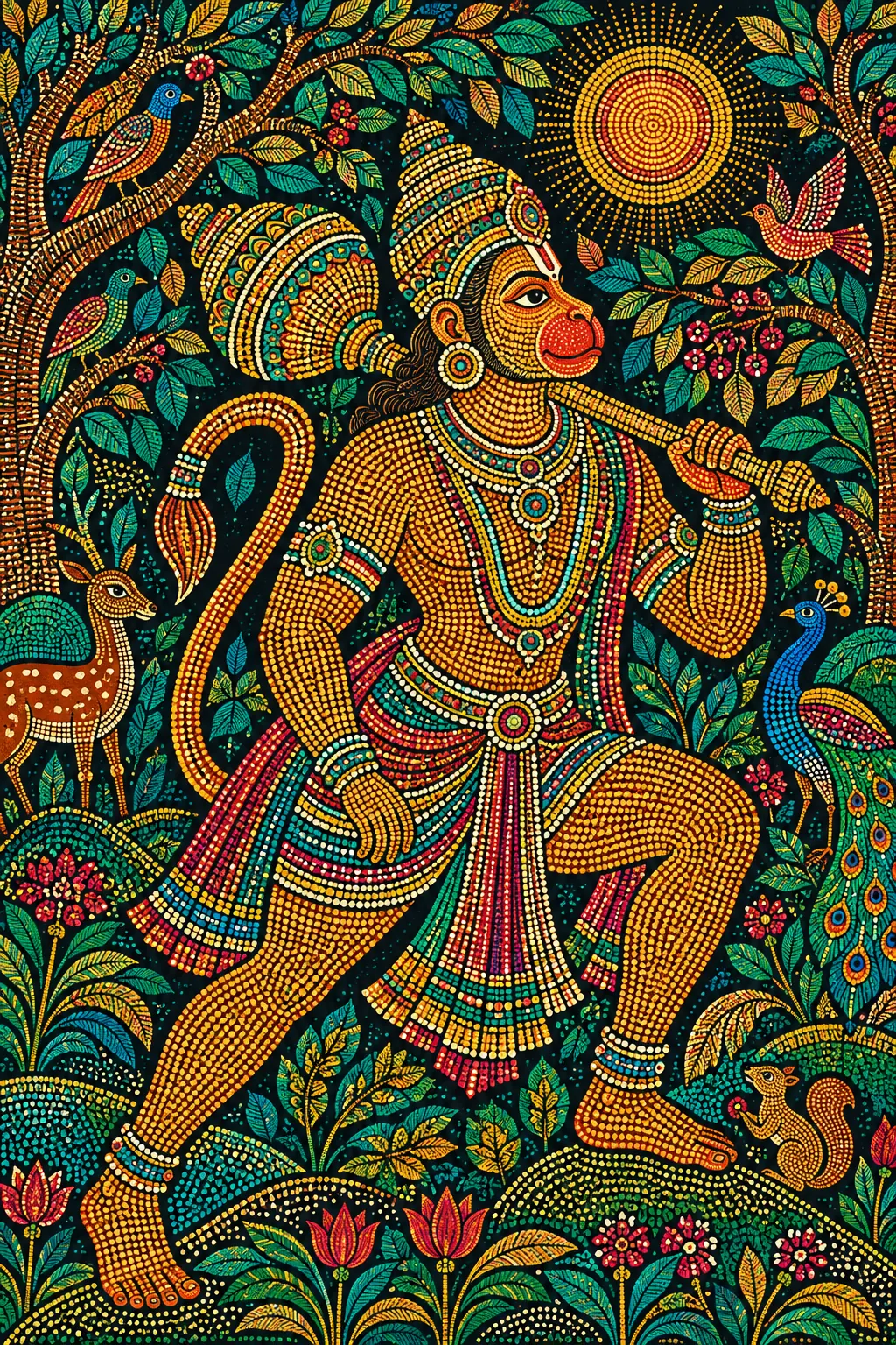 Gond Folk Art Hanuman in a Lush Forest wall tapestry artwork