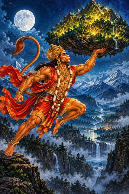 Hanuman Bearing the Enchanted Mountain