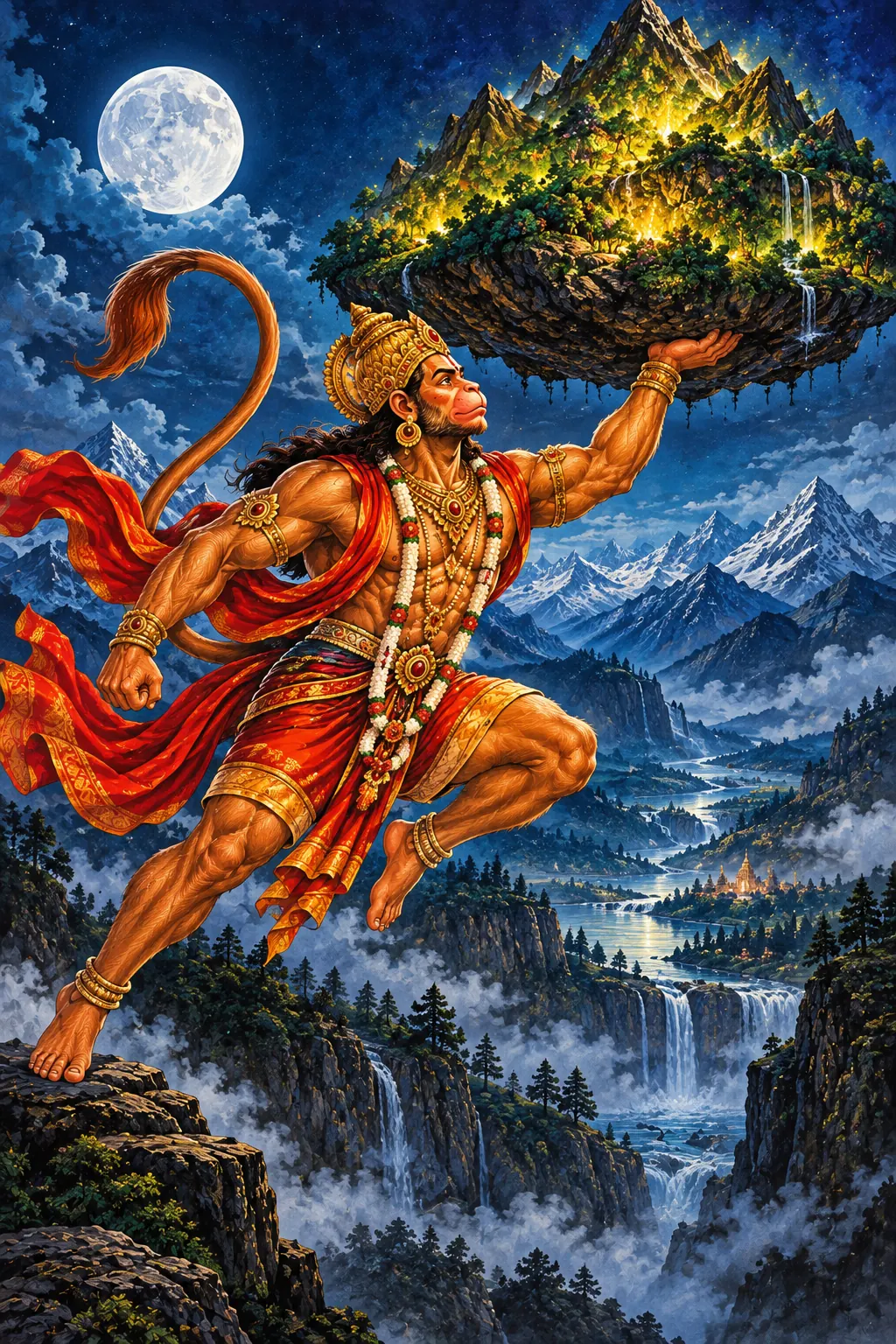Hanuman Bearing the Enchanted Mountain wall tapestry artwork