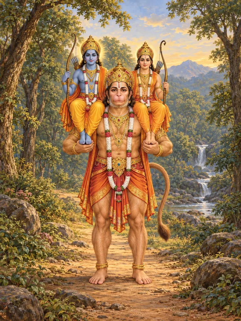 Hanuman Carrying Ram and Lakshman wall tapestry artwork