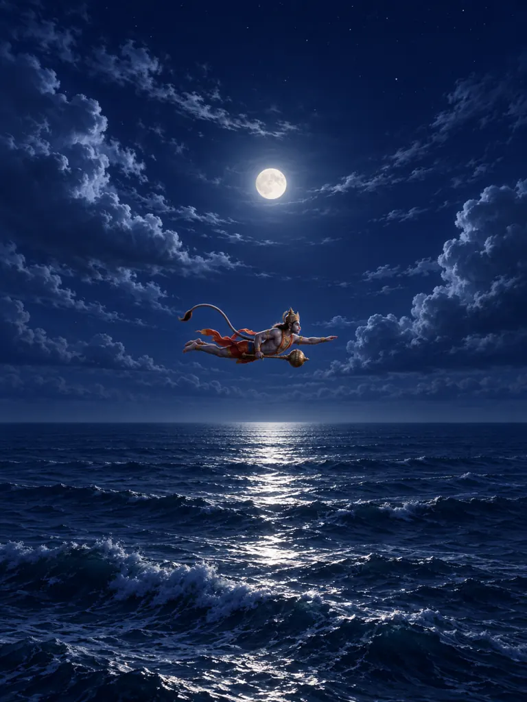 Hanuman Flying at Night wall tapestry artwork