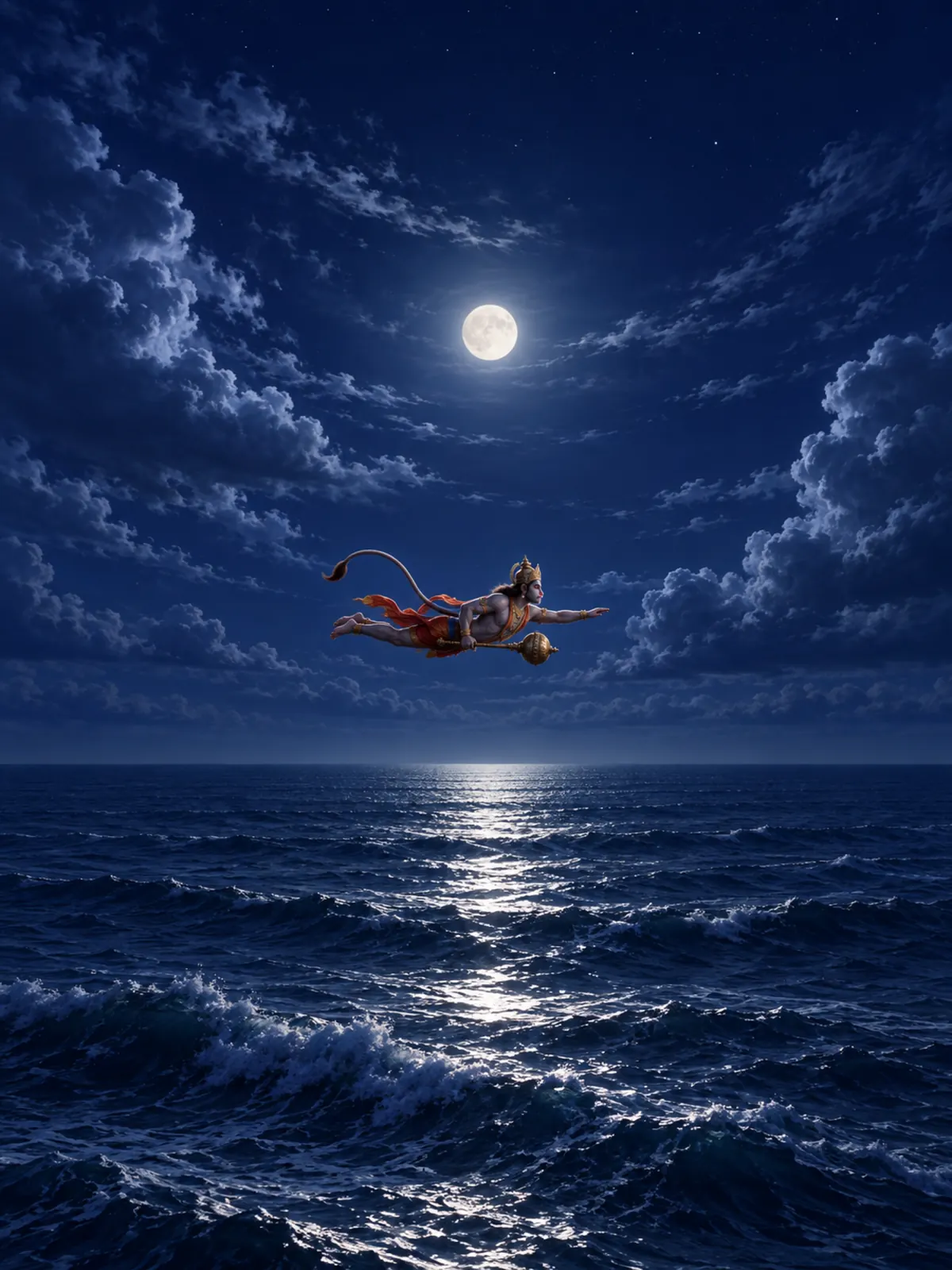 Hanuman Flying at Night wall tapestry artwork