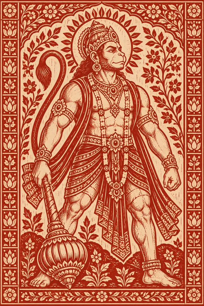 Hanuman in Ornate Red Woodblock Print wall tapestry artwork