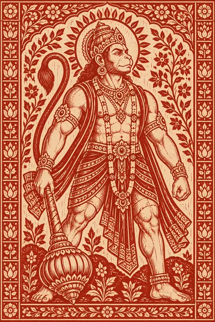 Hanuman in Ornate Red Woodblock Print