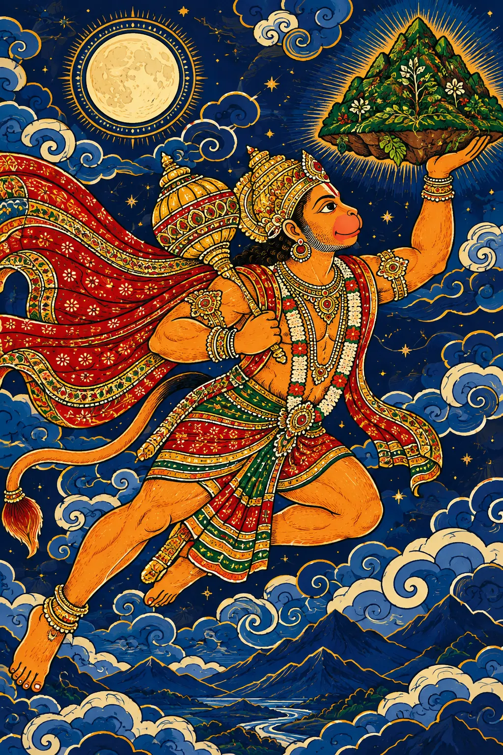Hanuman's Flight with Sanjeevani Mountain wall tapestry artwork