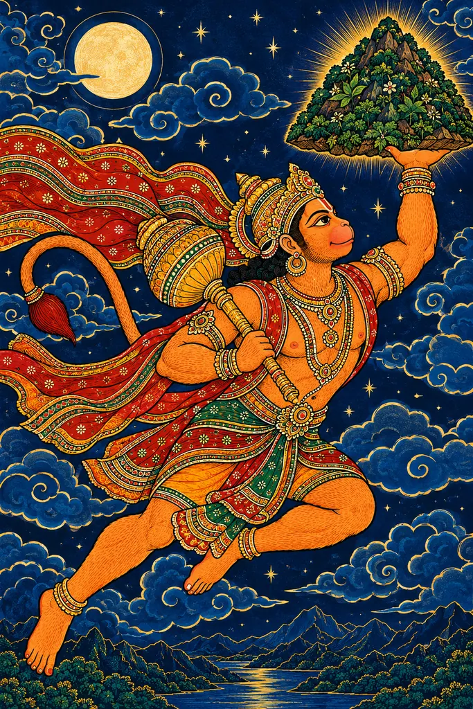 Hanuman's Nighttime Mountain Flight wall tapestry artwork