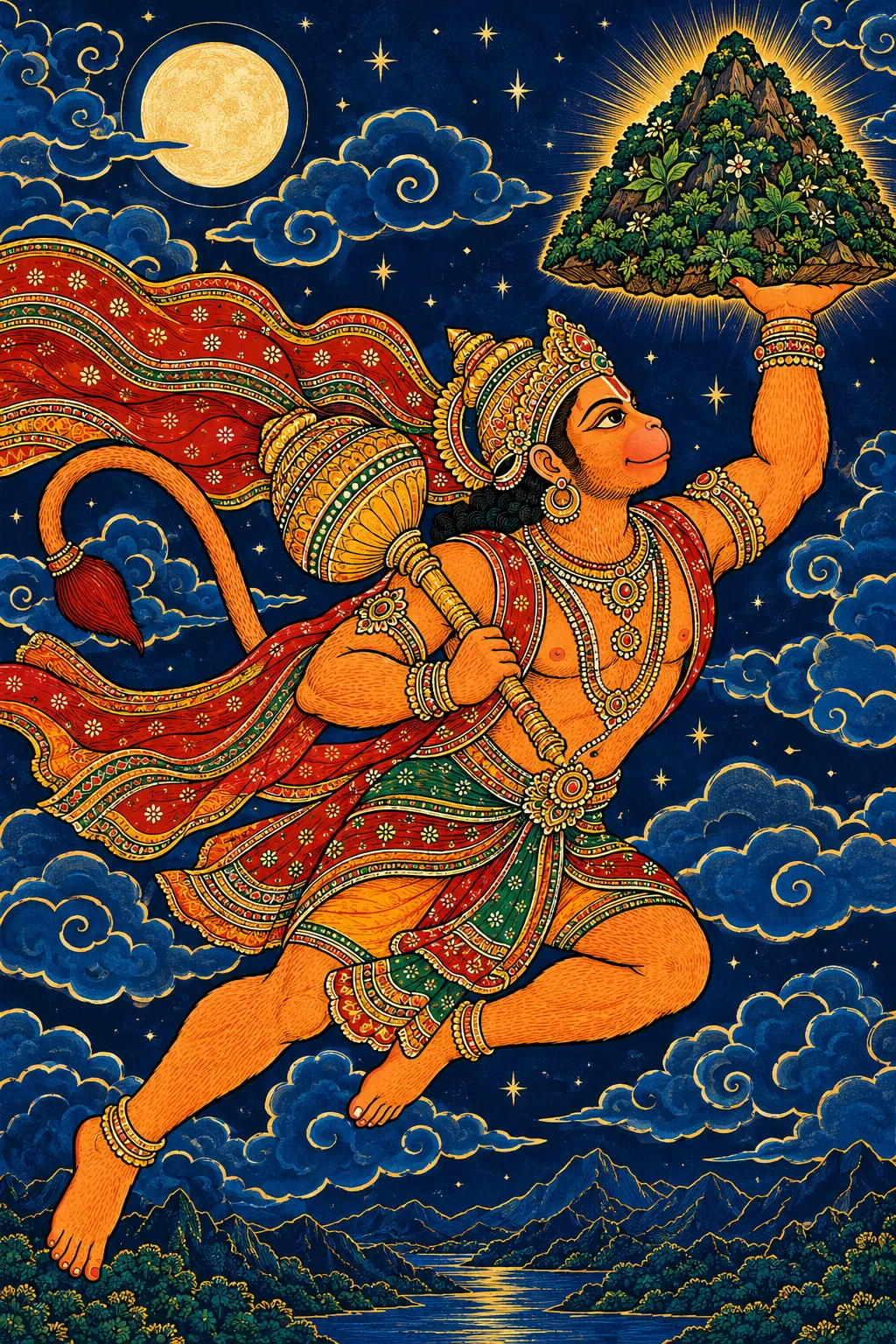 Hanuman's Nighttime Mountain Flight wall tapestry artwork