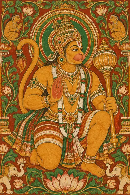 Kerala Mural Hanuman with Golden Mace