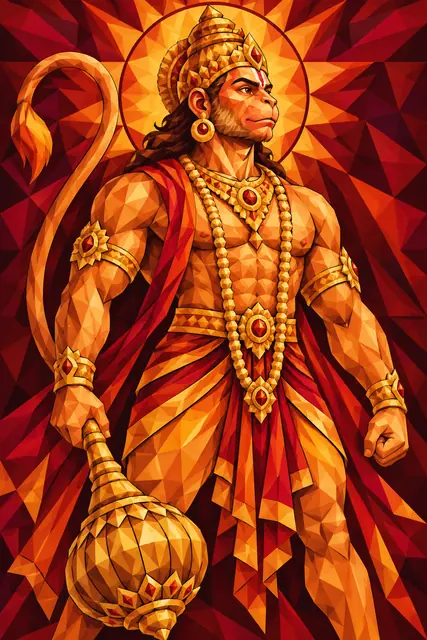Low-Poly Hanuman with Radiant Golden Halo