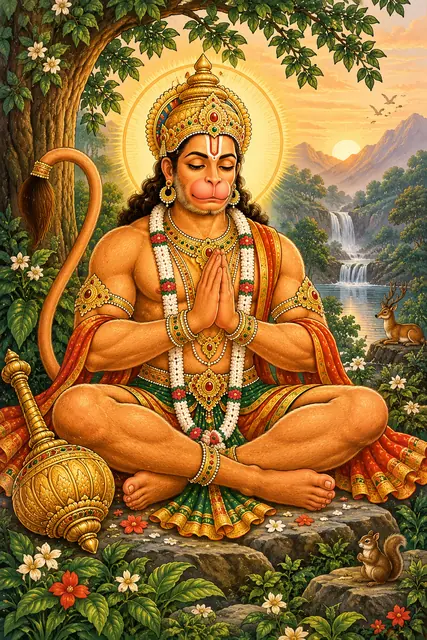 Meditating Hanuman in a Sacred Valley