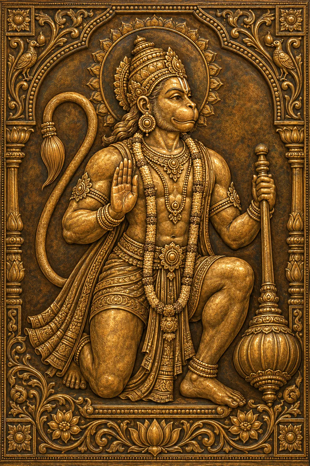 Ornate Bronze Hanuman Temple Relief wall tapestry artwork