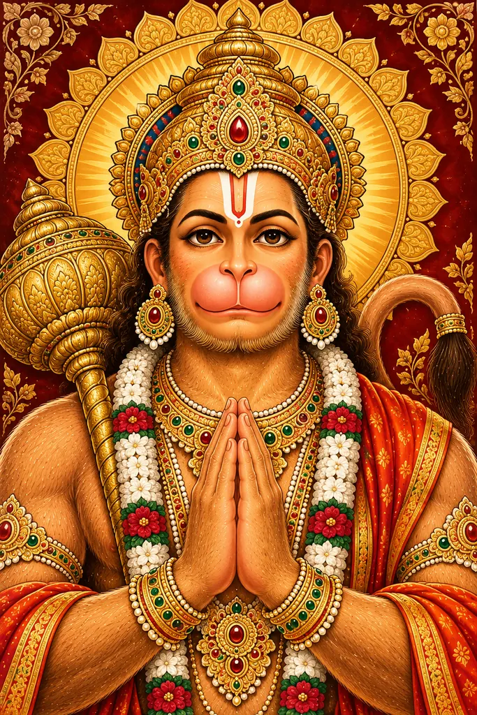 Ornate Devotional Portrait of Hanuman wall tapestry artwork