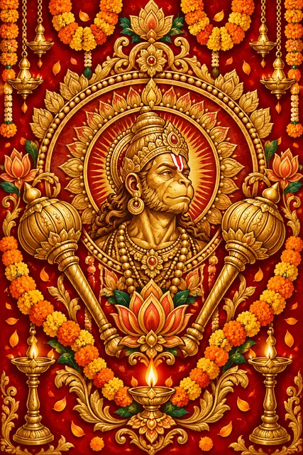 Ornate Golden Hanuman Devotional Mandala