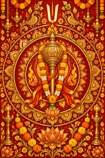 Ornate Golden Mace Mandala on Vermilion Red