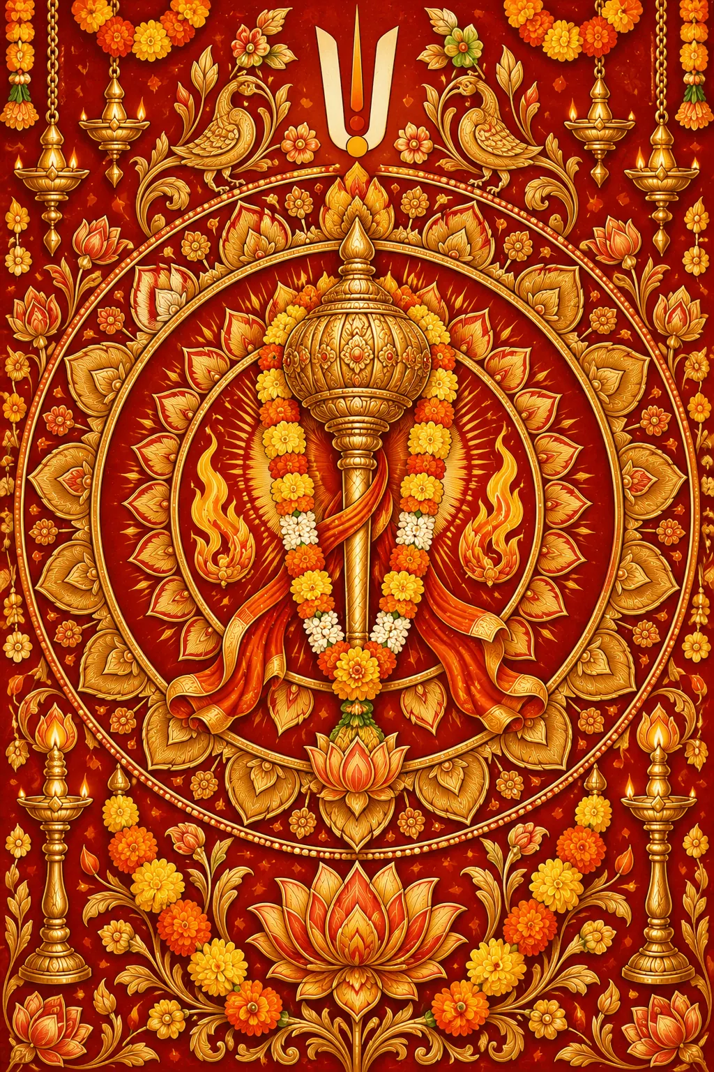 Ornate Golden Mace Mandala on Vermilion Red wall tapestry artwork