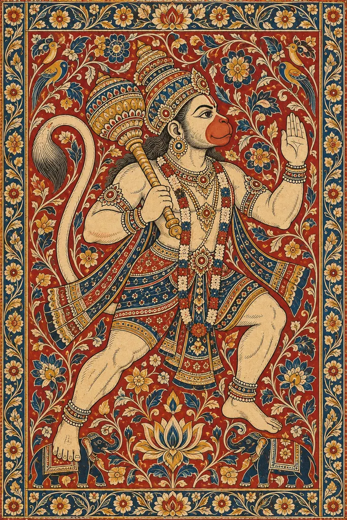 Ornate Kalamkari Hanuman Textile Panel wall tapestry artwork