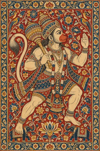 Ornate Kalamkari Hanuman Textile Panel