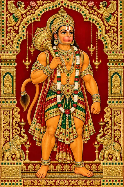 Ornate Tanjore-Style Hanuman Icon