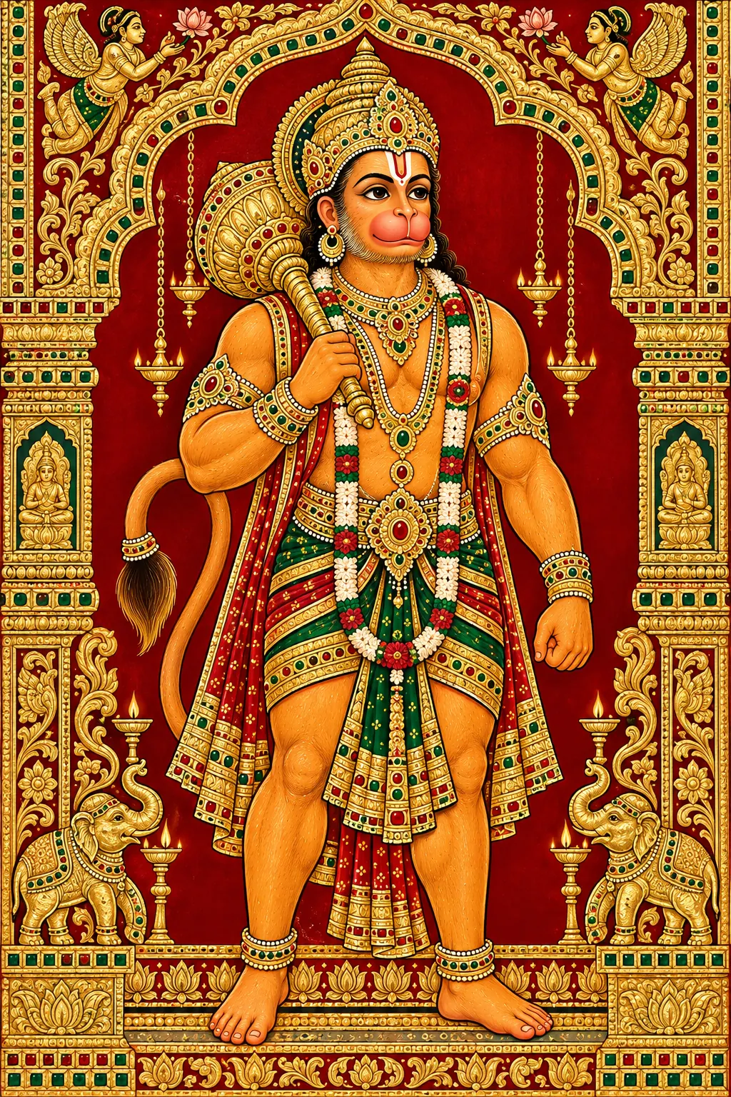 Ornate Tanjore-Style Hanuman Icon wall tapestry artwork