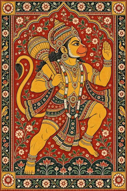 Pattachitra Hanuman with Ornate Floral Border