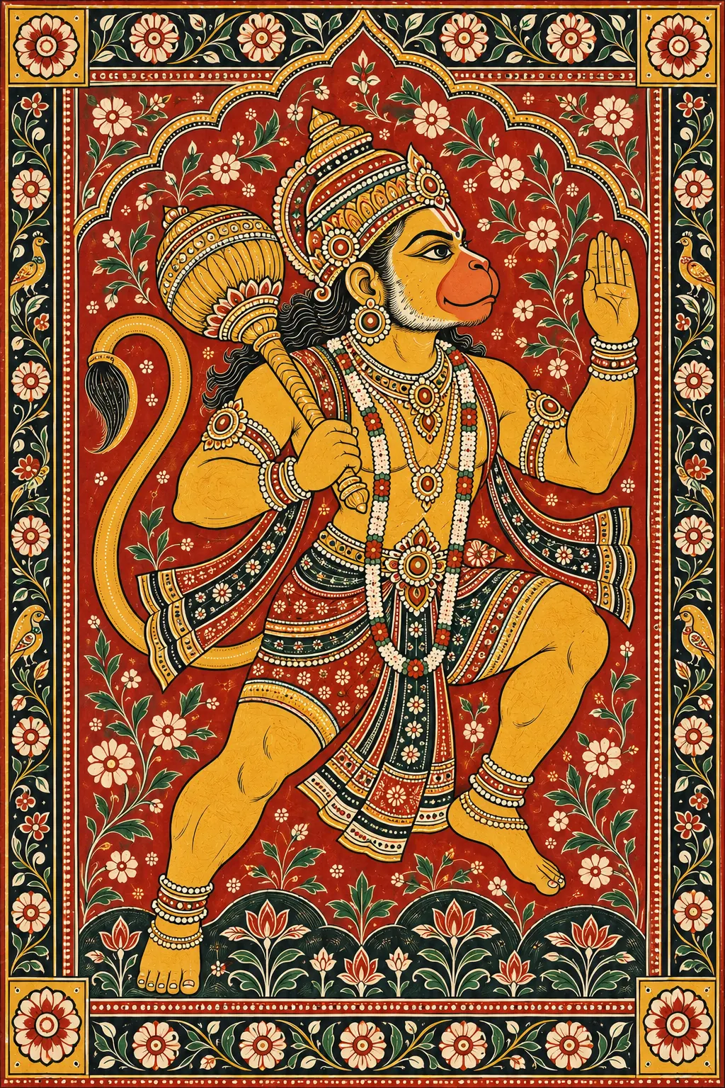 Pattachitra Hanuman with Ornate Floral Border wall tapestry artwork