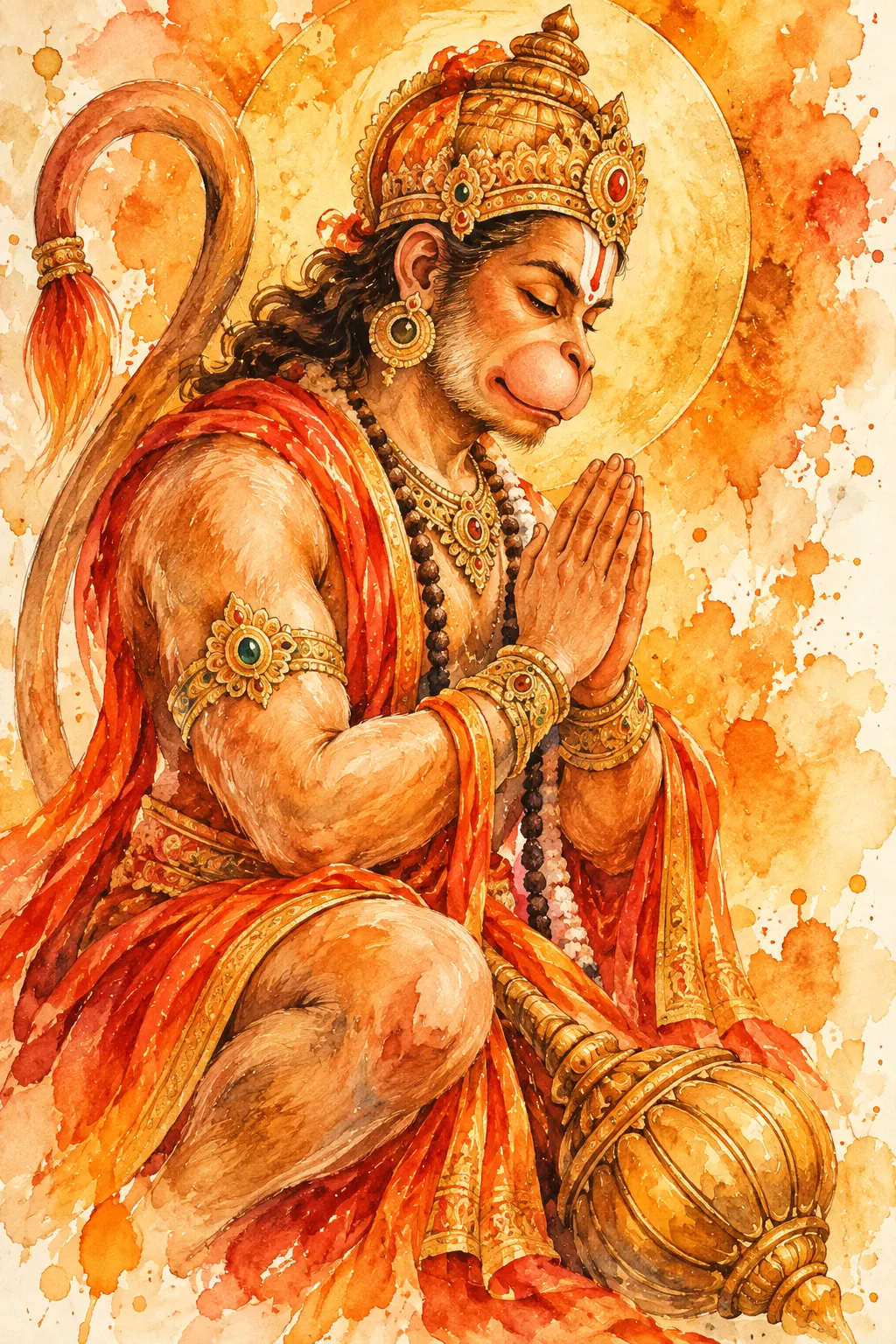 Serene Hanuman in Watercolour Devotion wall tapestry artwork
