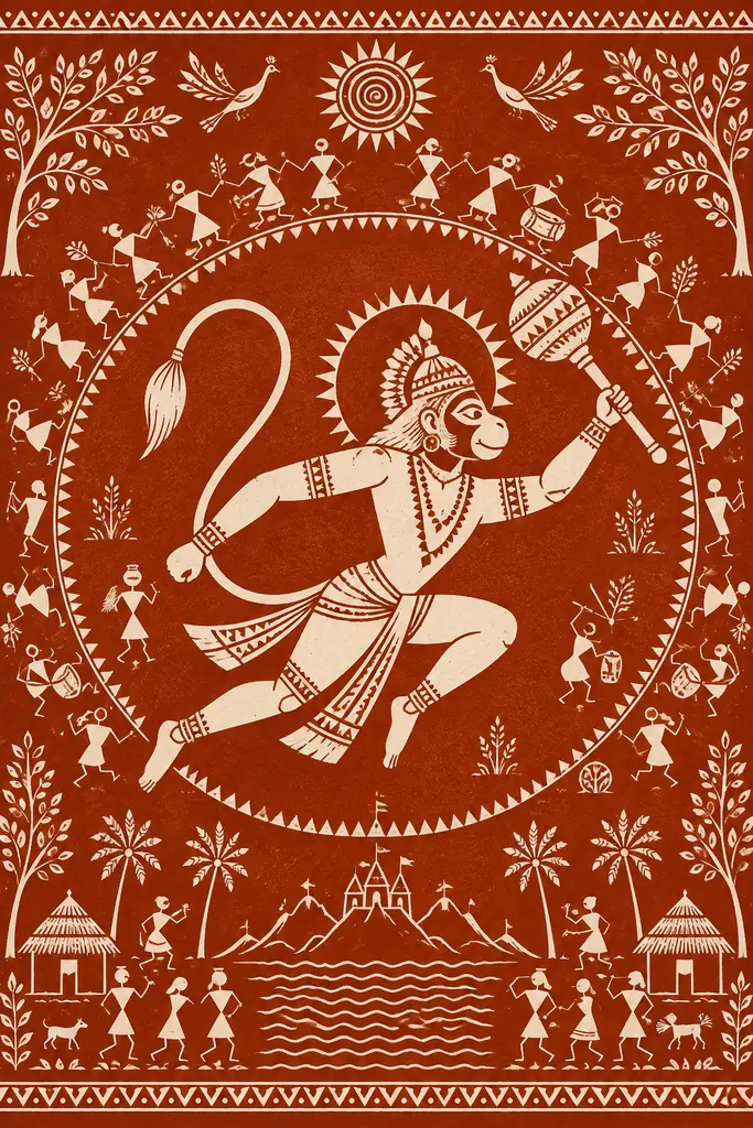 Warli Hanuman Warrior Mural wall tapestry artwork