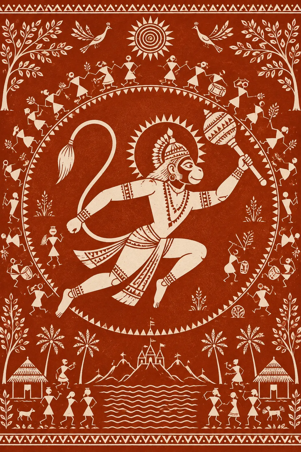 Warli Hanuman Warrior Mural wall tapestry artwork