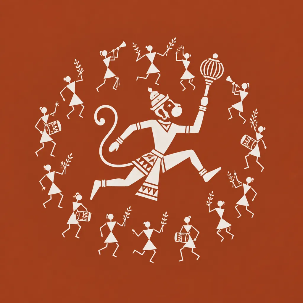 Warli-Inspired Hanuman wall tapestry artwork