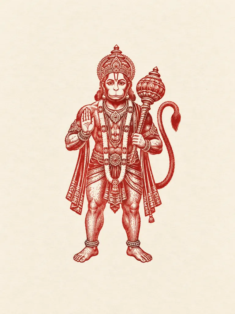 Woodcut Style Hanuman wall tapestry artwork