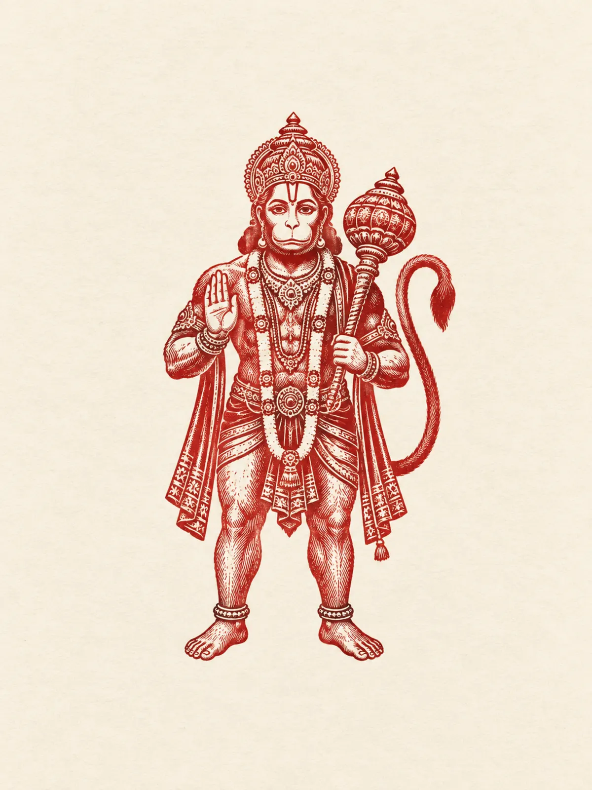 Woodcut Style Hanuman wall tapestry artwork
