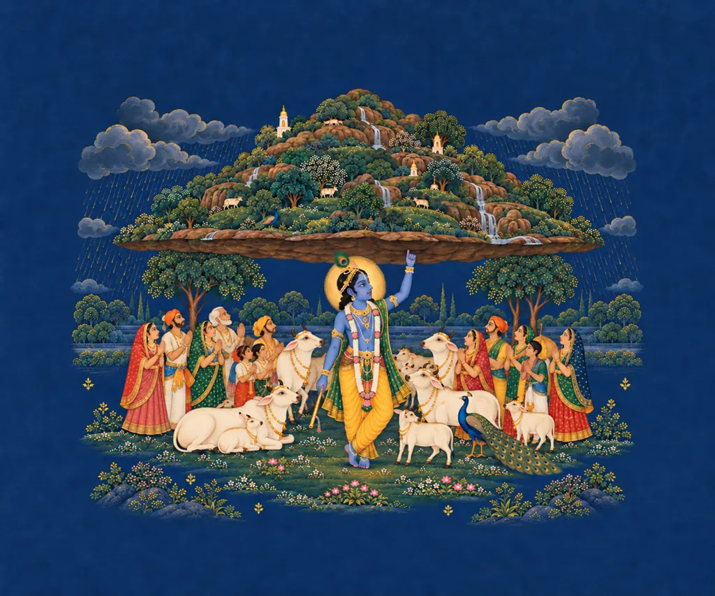 Govardhan Leela in Pichwai wall tapestry artwork