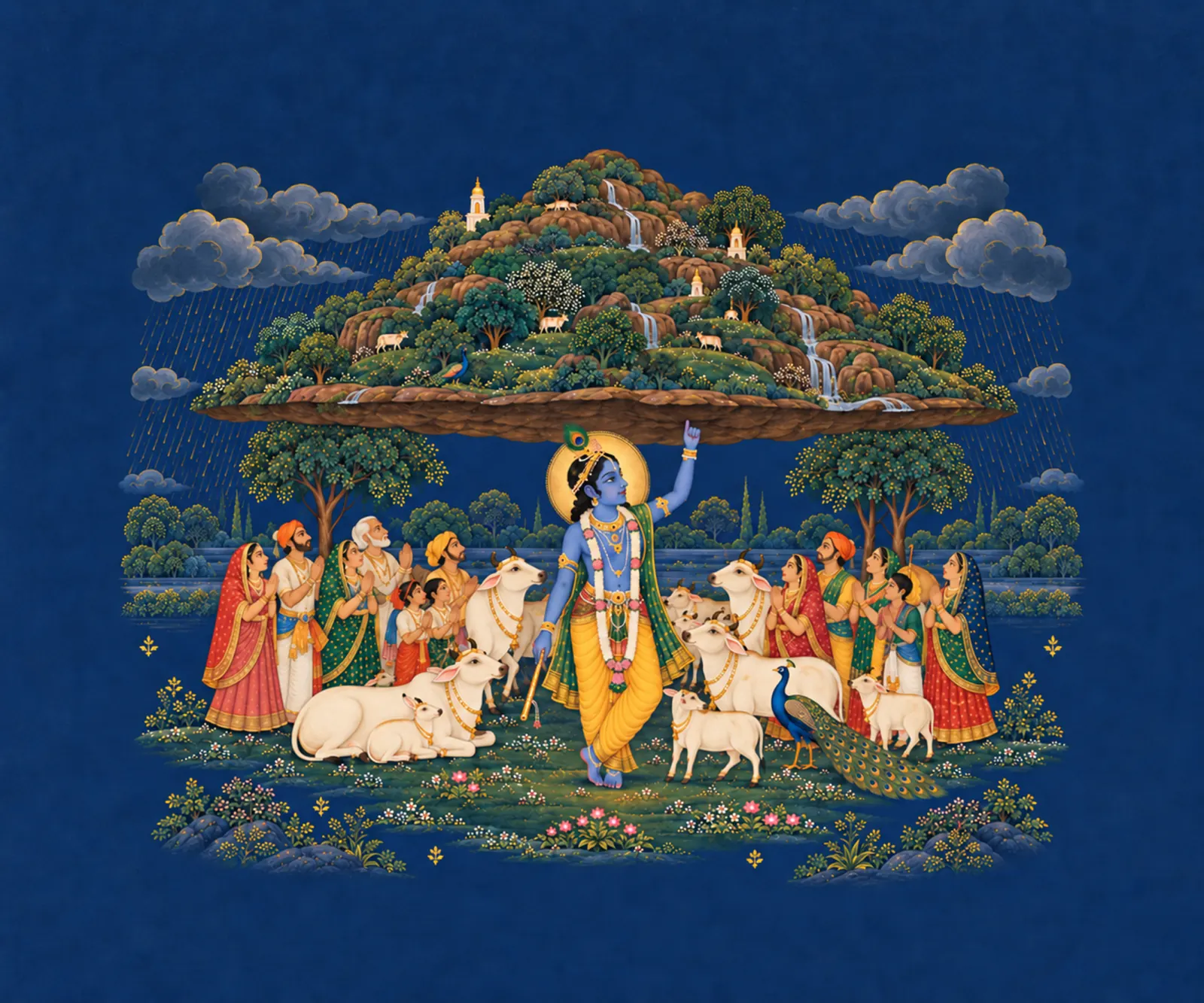Govardhan Leela in Pichwai wall tapestry artwork