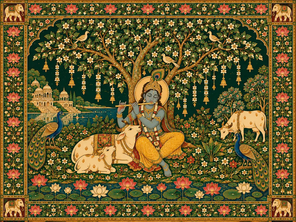Krishna Beneath the Flowering Tree wall tapestry artwork