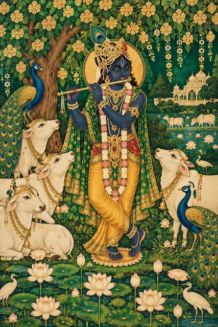 Krishna in a Golden Pichwai Garden