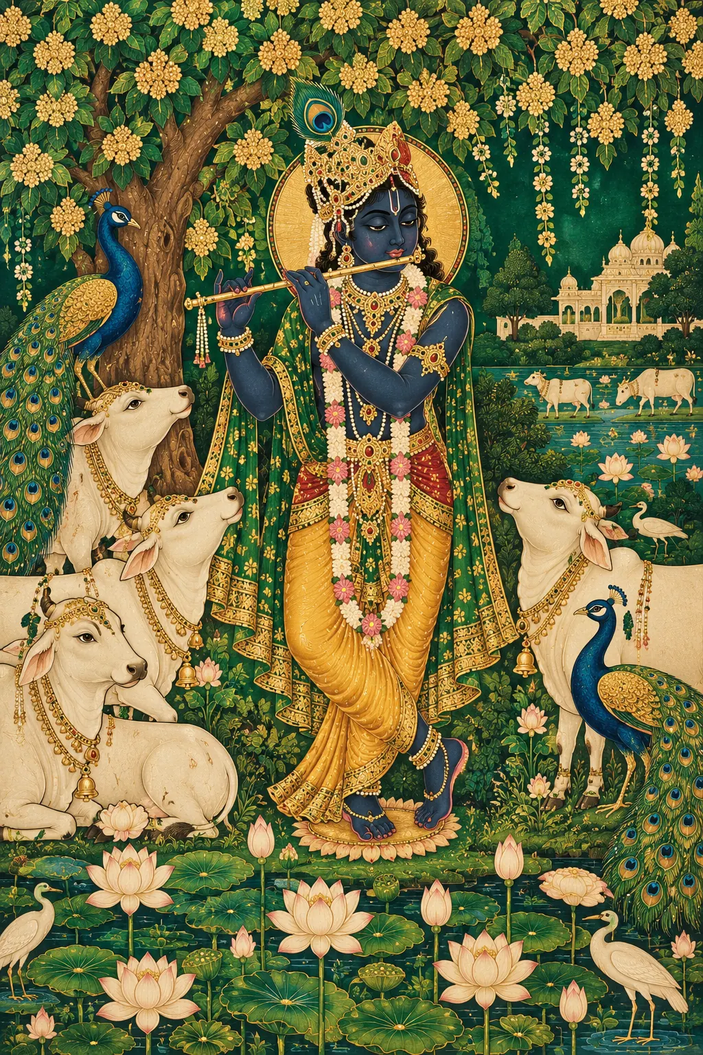 Krishna in a Golden Pichwai Garden wall tapestry artwork