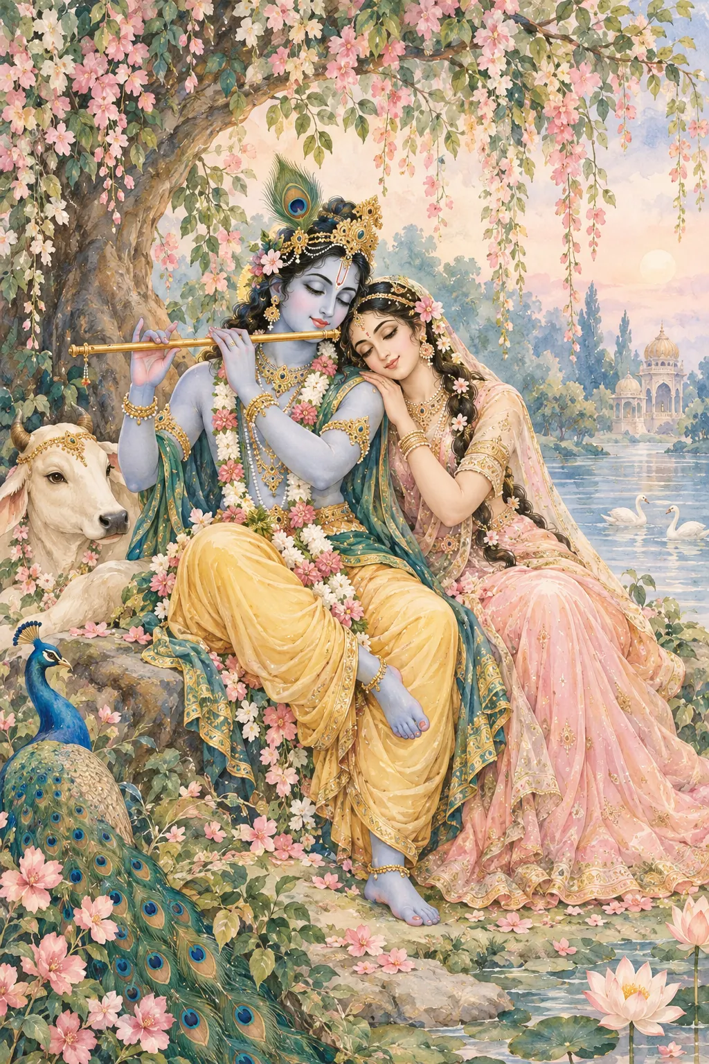 Radha and Krishna by the River wall tapestry artwork