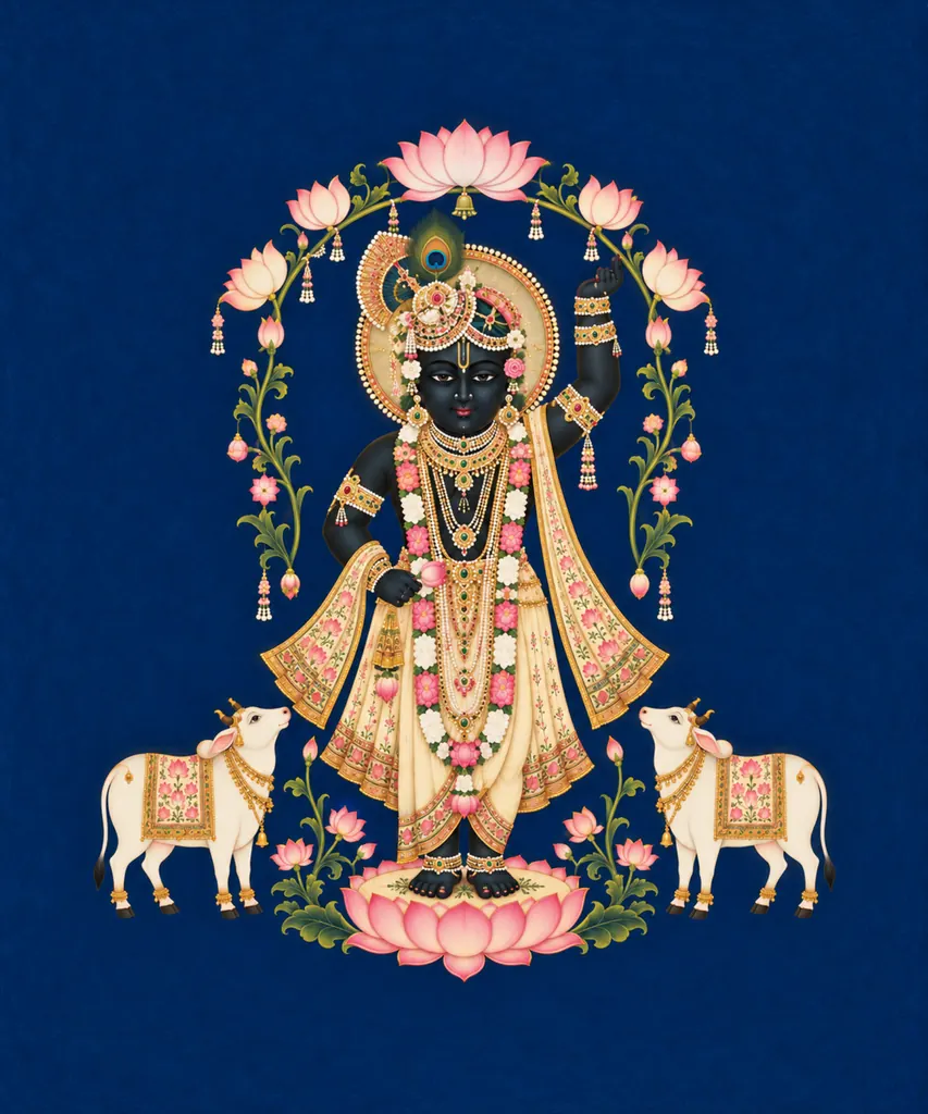 Shrinathji in Pichwai Lotuses wall tapestry artwork