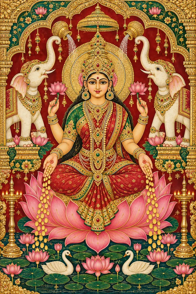 Gajalakshmi in Tanjore splendour wall tapestry artwork