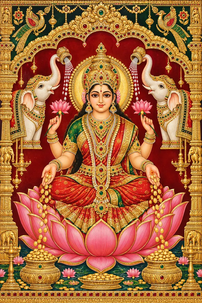 Gilded Lakshmi Tanjore Temple Scene wall tapestry artwork