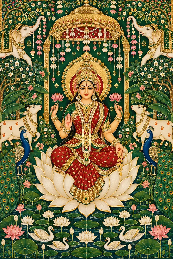 Goddess Lakshmi in a Golden Pichwai Garden wall tapestry artwork