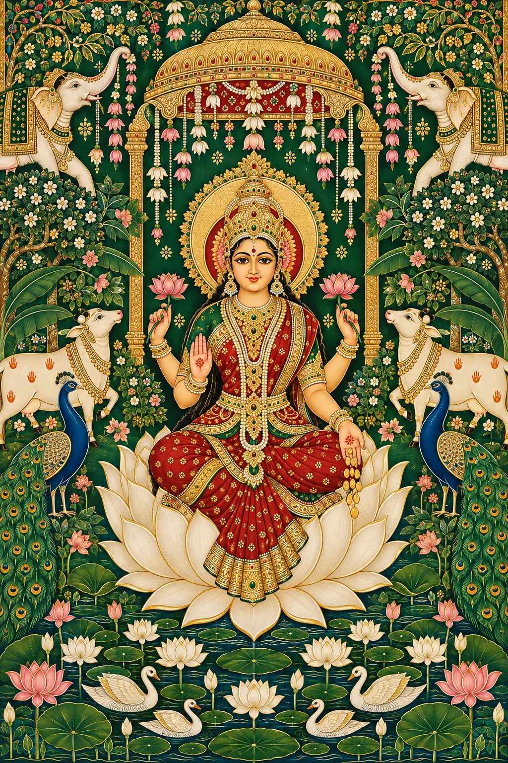 Goddess Lakshmi in a Golden Pichwai Garden wall tapestry artwork