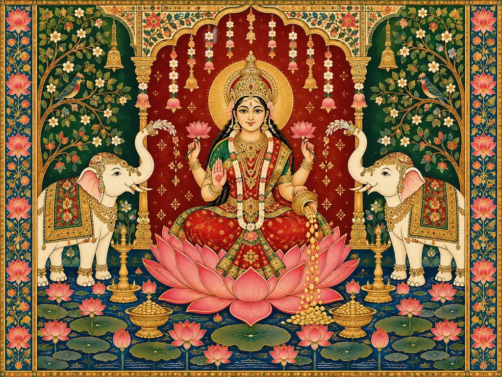 Goddess Lakshmi in a Lotus Temple Alcove wall tapestry artwork