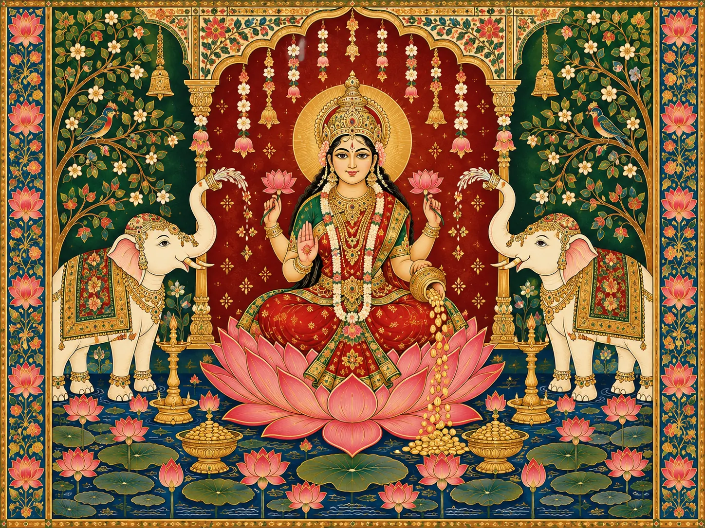Goddess Lakshmi in a Lotus Temple Alcove wall tapestry artwork